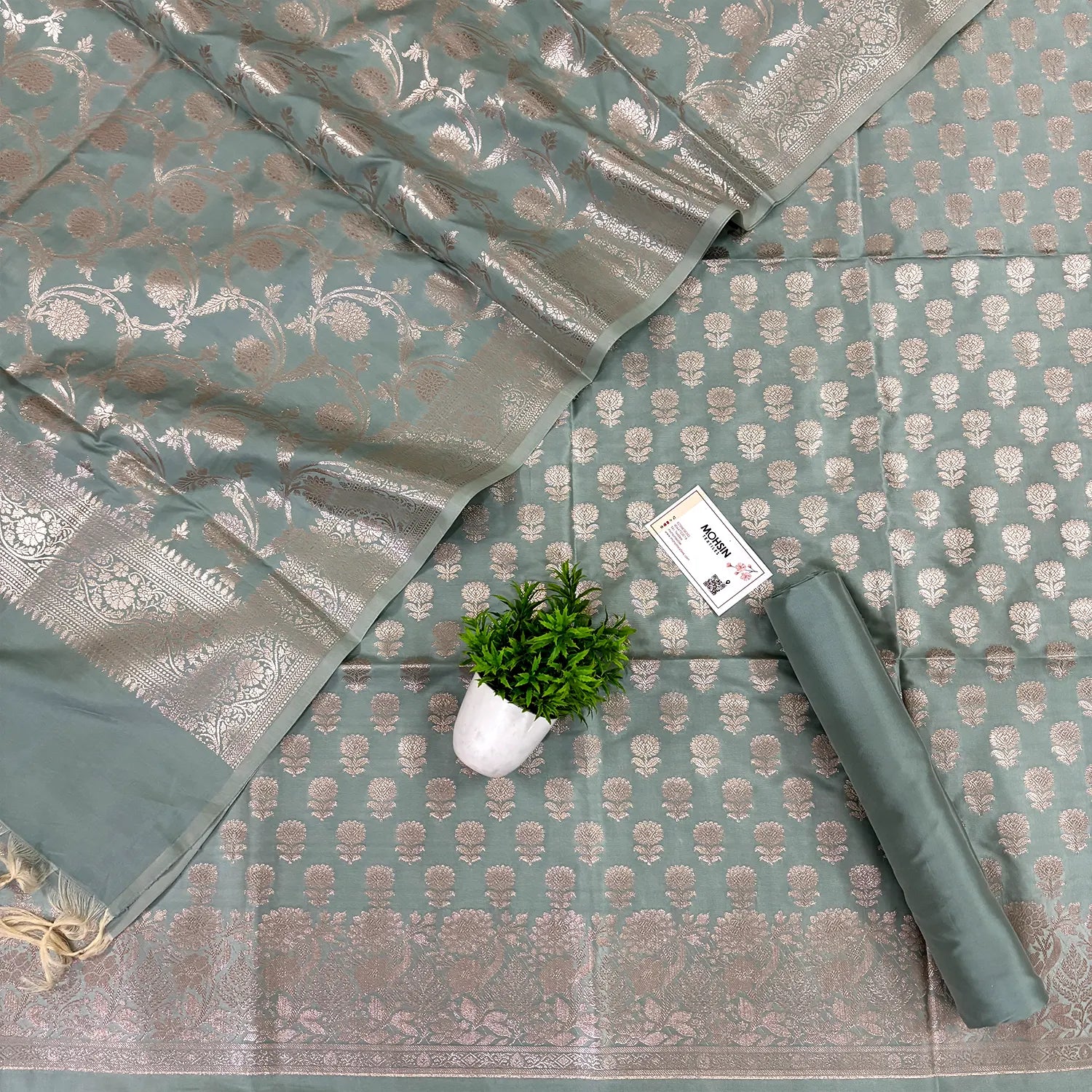 Mint Sunflower Satin Silk Banarasi Suit