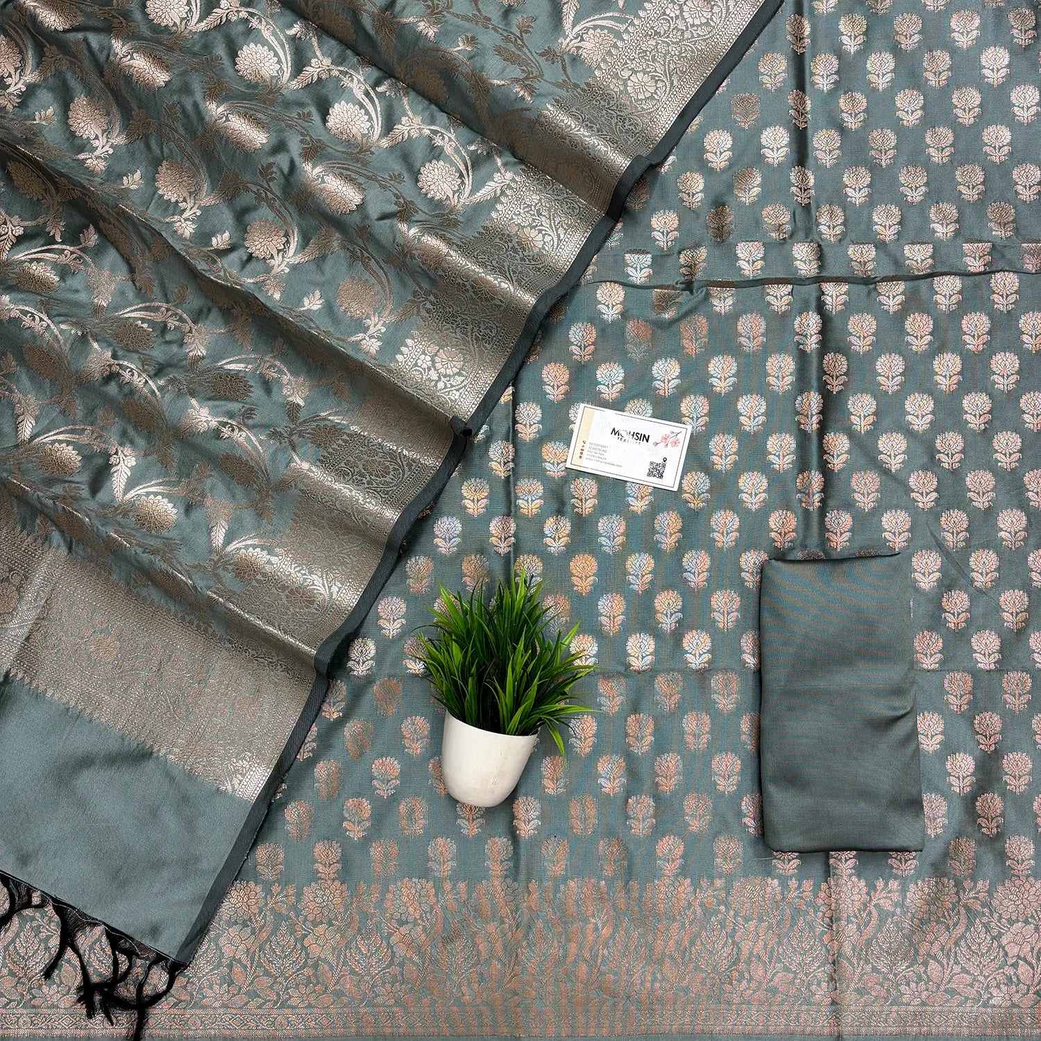 Mint Sunflower Satin Silk Banarasi Suit