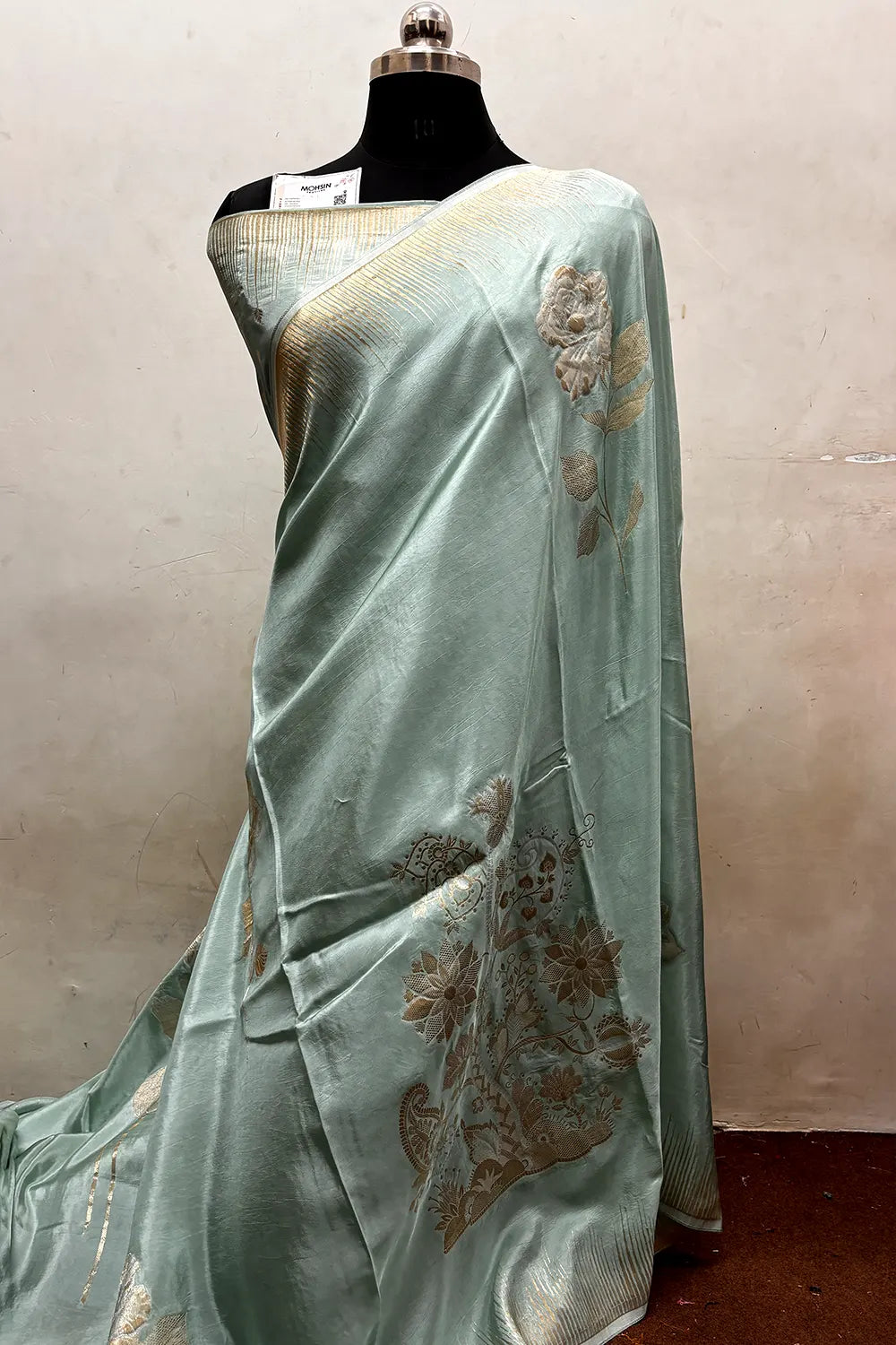 Mint Zari Viscose Georgette Silk Banarasi Saree