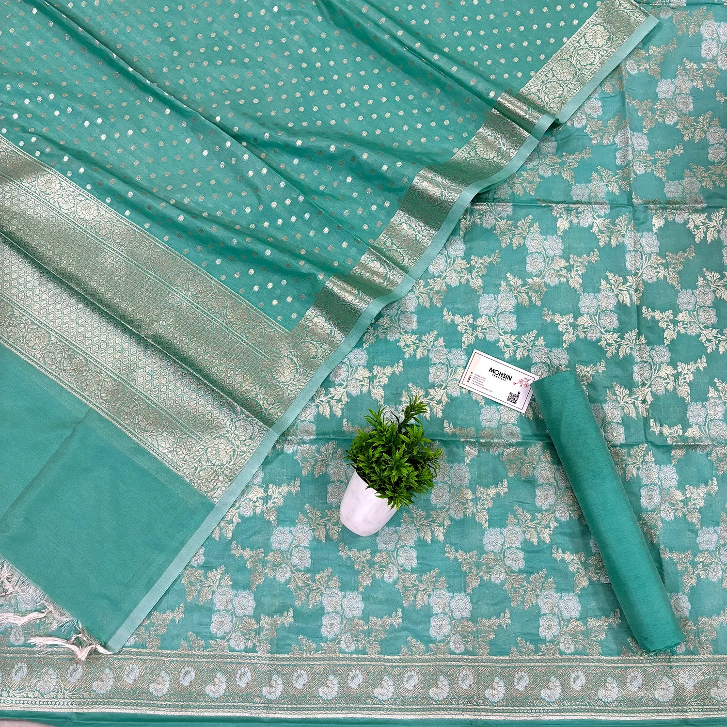 Mint Green Zari Katan Silk Banarasi Suit