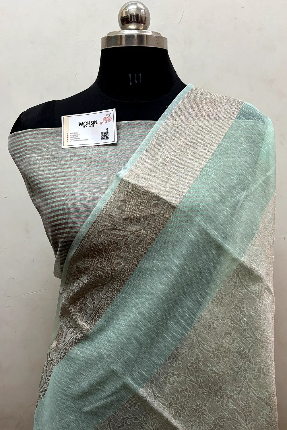 Mint Zari Linen Silk Banarasi Saree