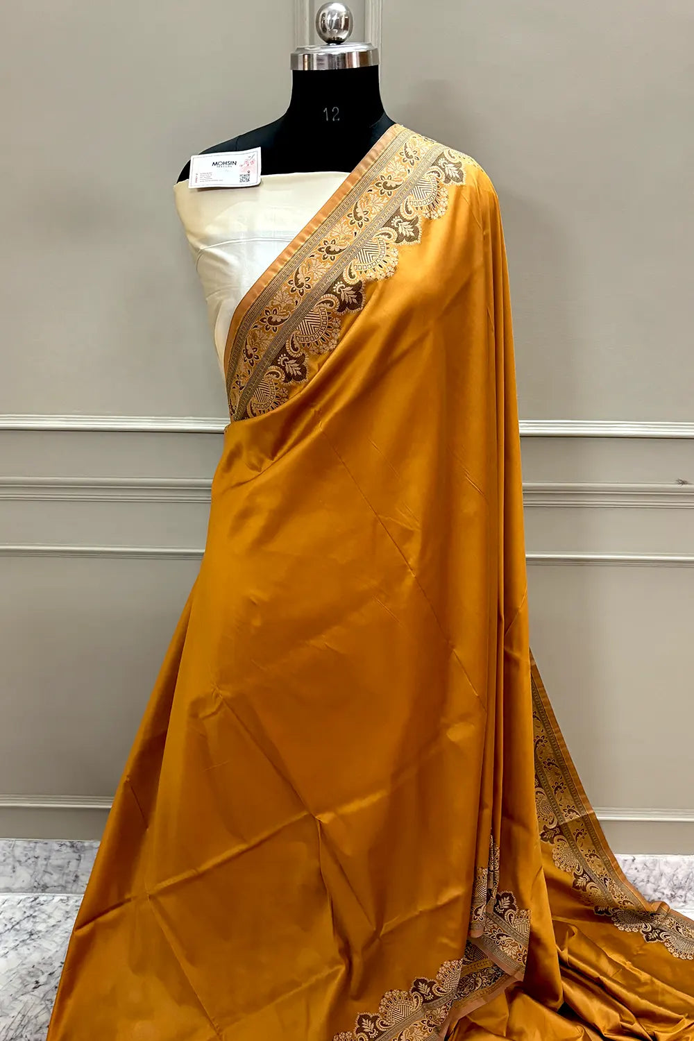 Mustard and Beige Plain Resham Silk Banarasi Saree
