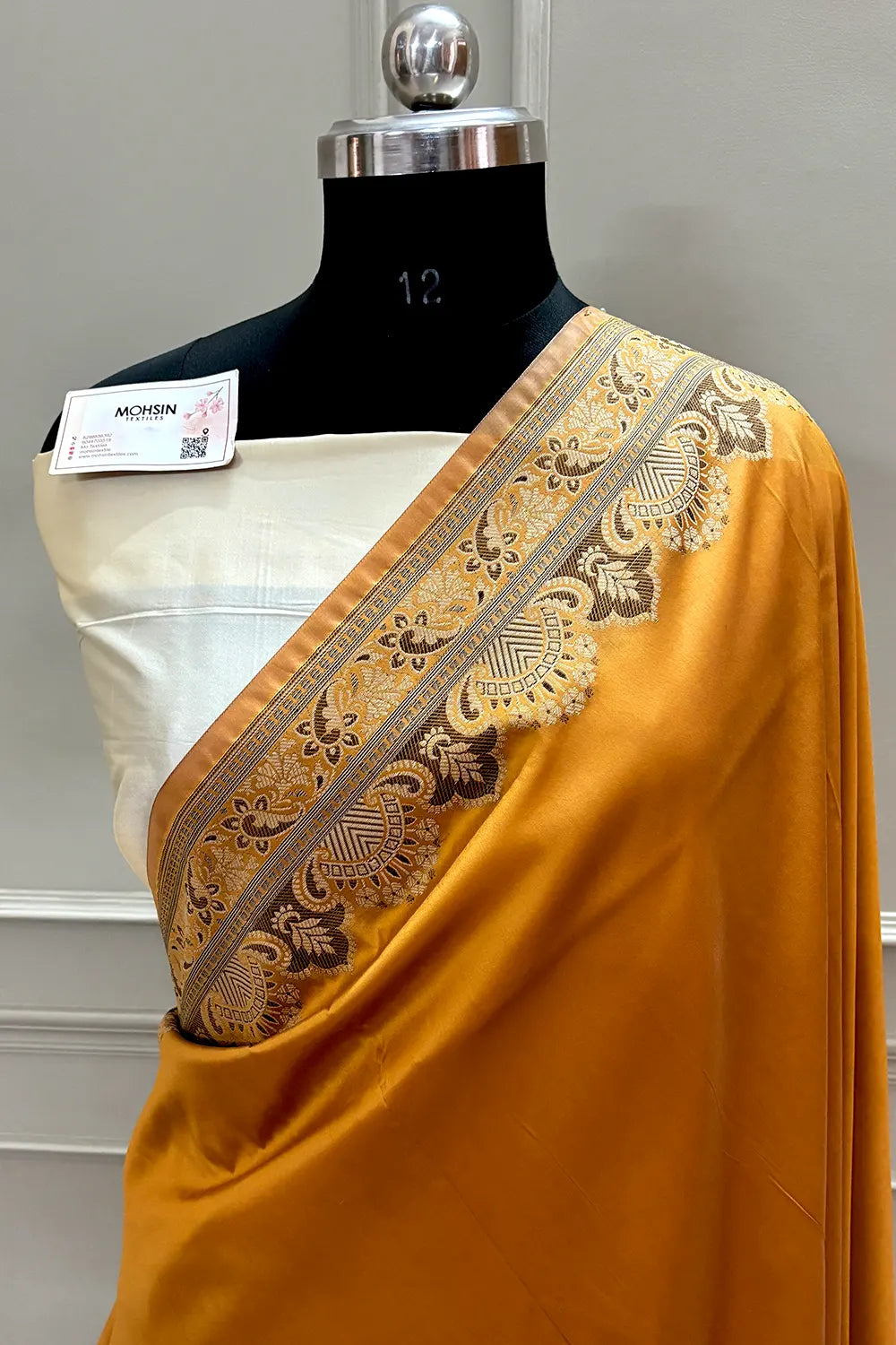 Mustard and Beige Plain Resham Silk Banarasi Saree