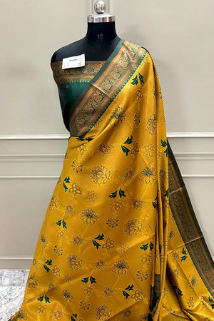Mustard and Bottle Green Resham Zari Banarasi Silk Saree