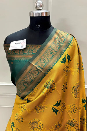 Mustard and Bottle Green Resham Zari Banarasi Silk Saree