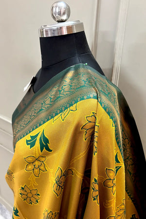 Mustard and Bottle Green Resham Zari Banarasi Silk Saree