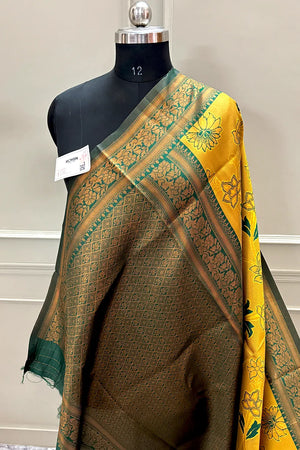 Mustard and Bottle Green Resham Zari Banarasi Silk Saree