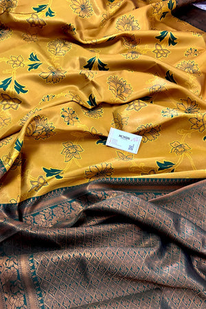 Mustard and Bottle Green Resham Zari Banarasi Silk Saree