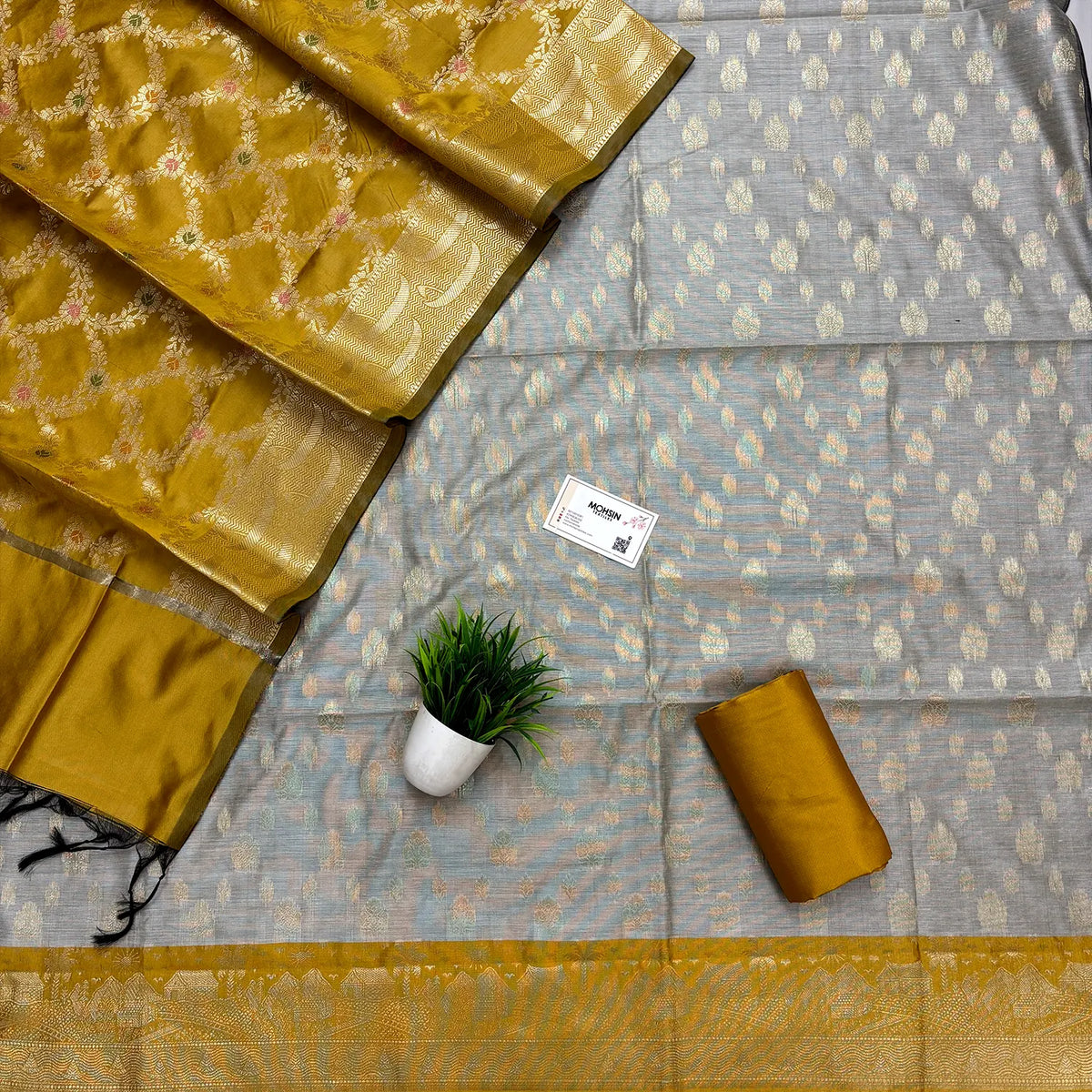 Mustard and Grey Nai Basti Semi Katan Silk Banarasi Suit