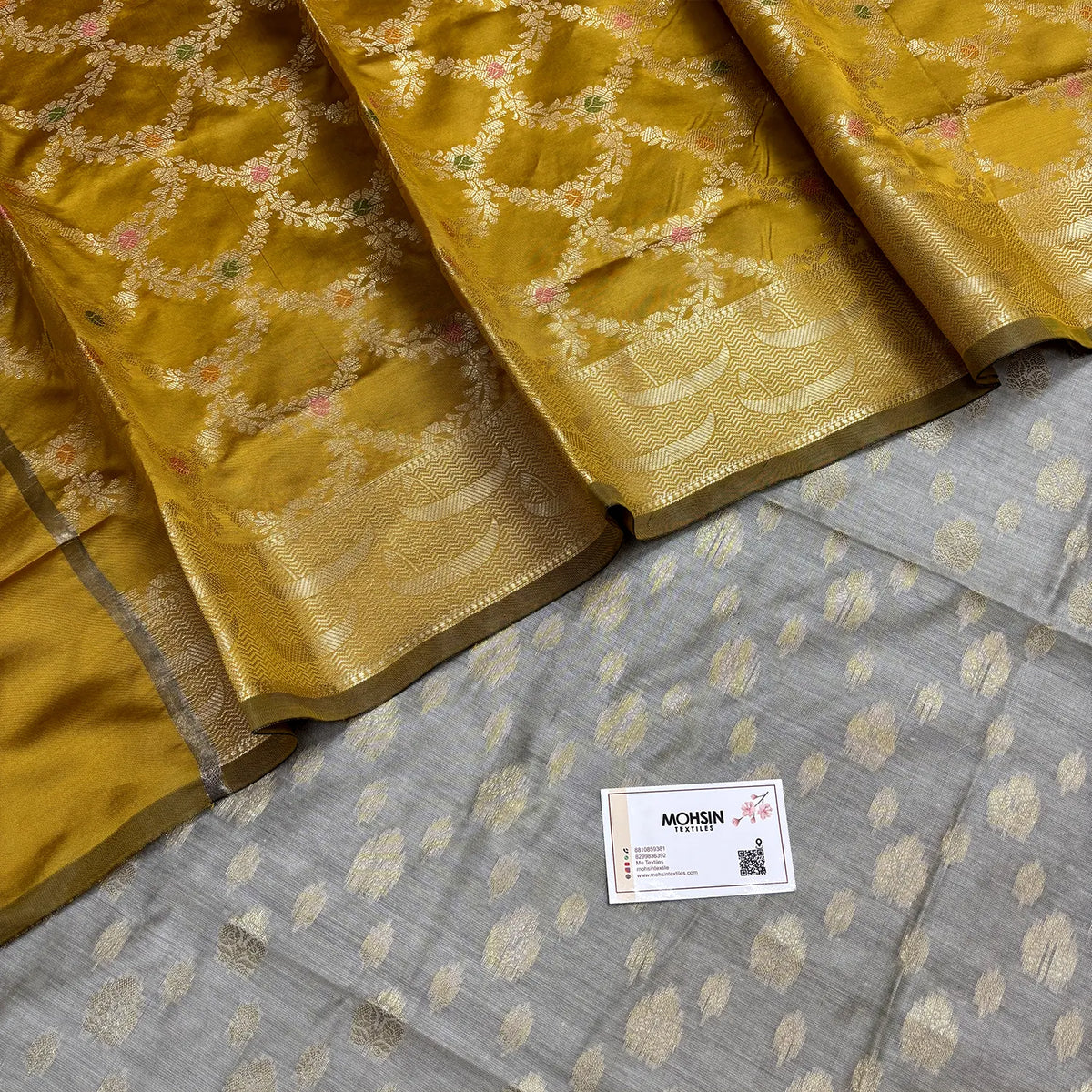 Mustard and Grey Nai Basti Semi Katan Silk Banarasi Suit