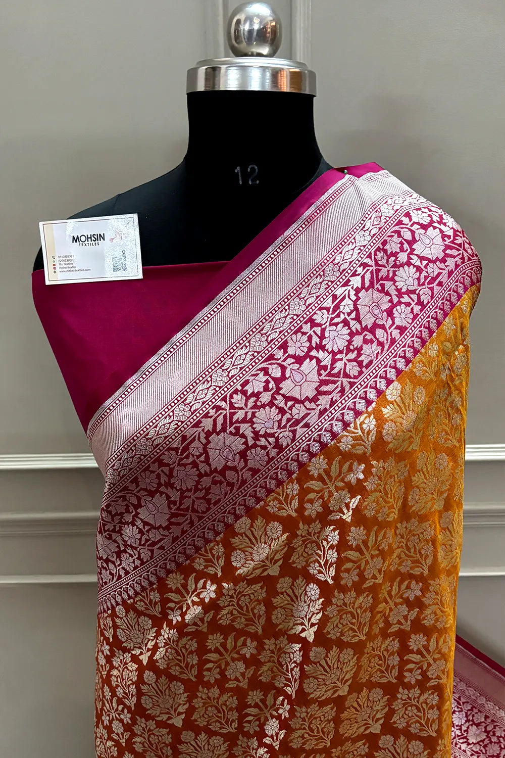 Mustard and Pink Temple Buta Katan Silk Banarasi Saree