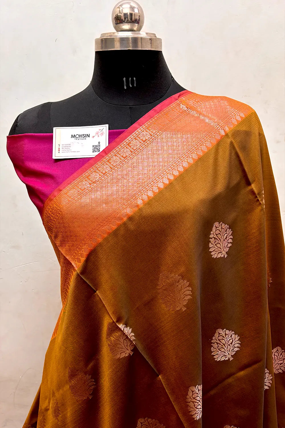 Mustard and Pink Zari Semi Katan Silk Banarasi Saree