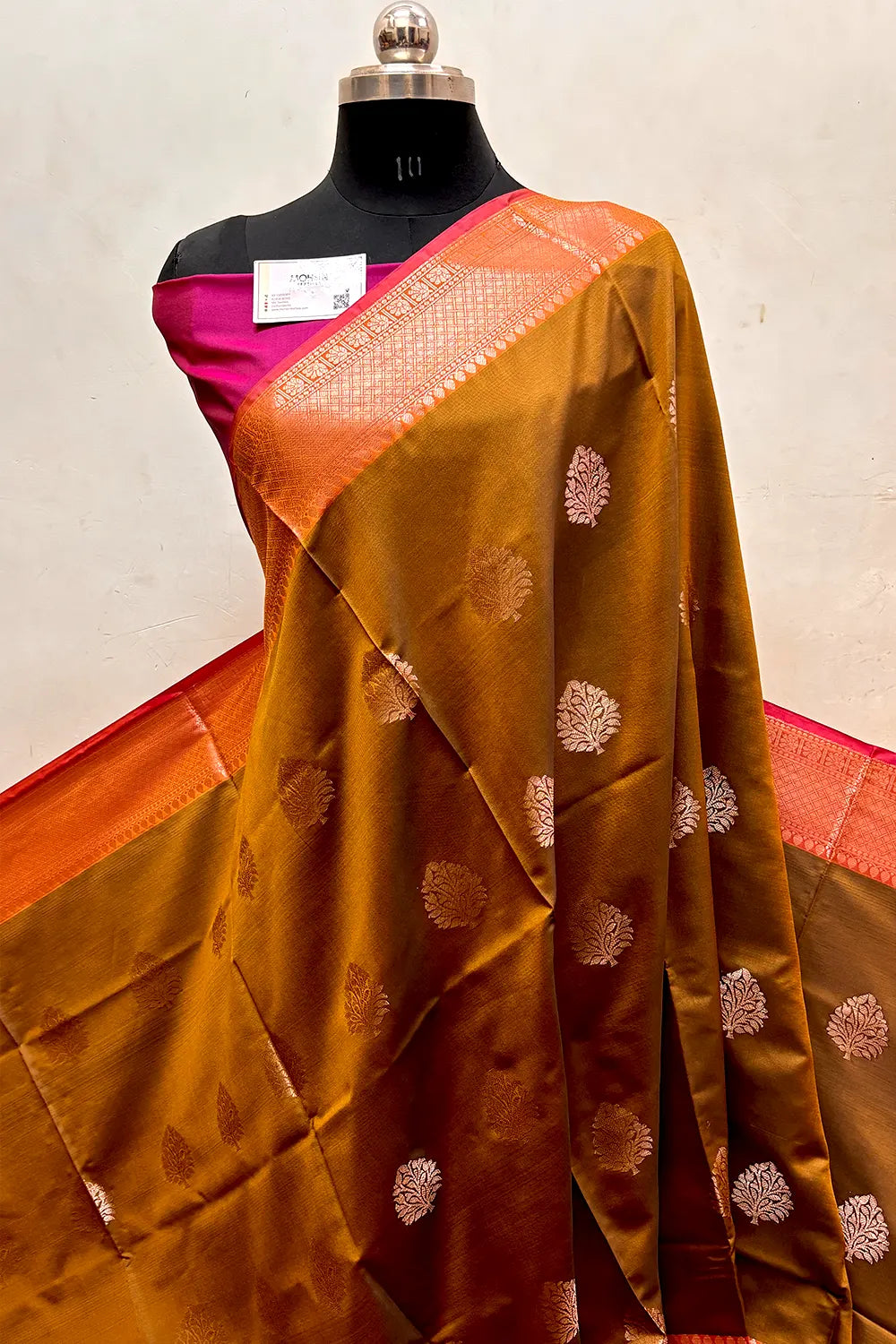 Mustard and Pink Zari Semi Katan Silk Banarasi Saree
