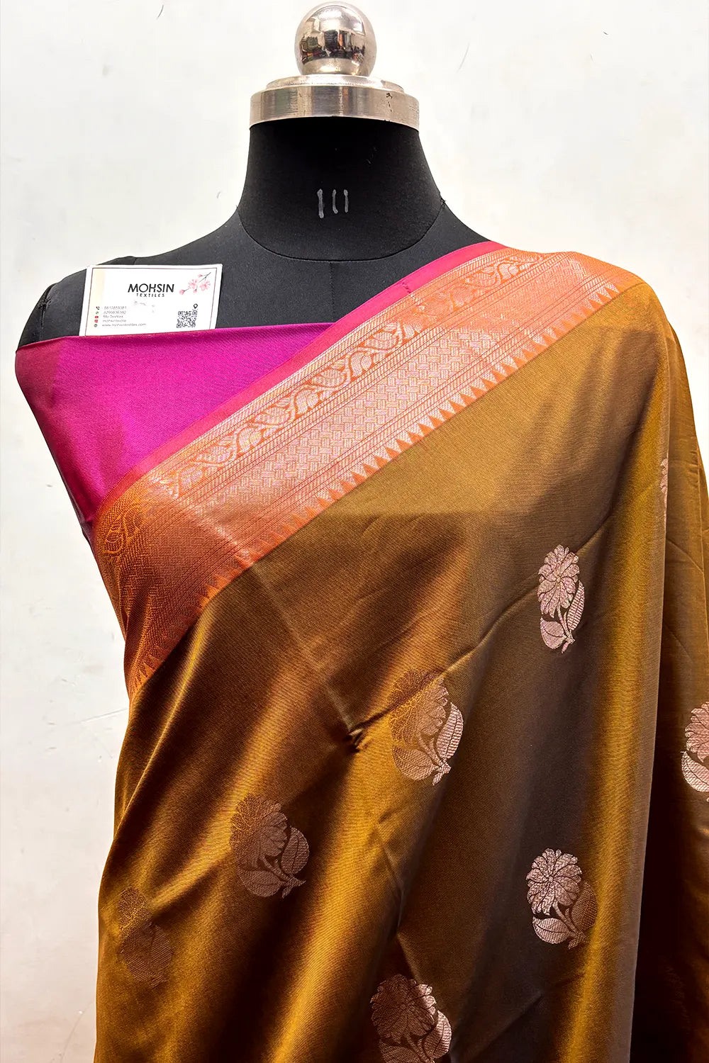 Mustard and Pink Zari Semi Katan Silk Banarasi Saree