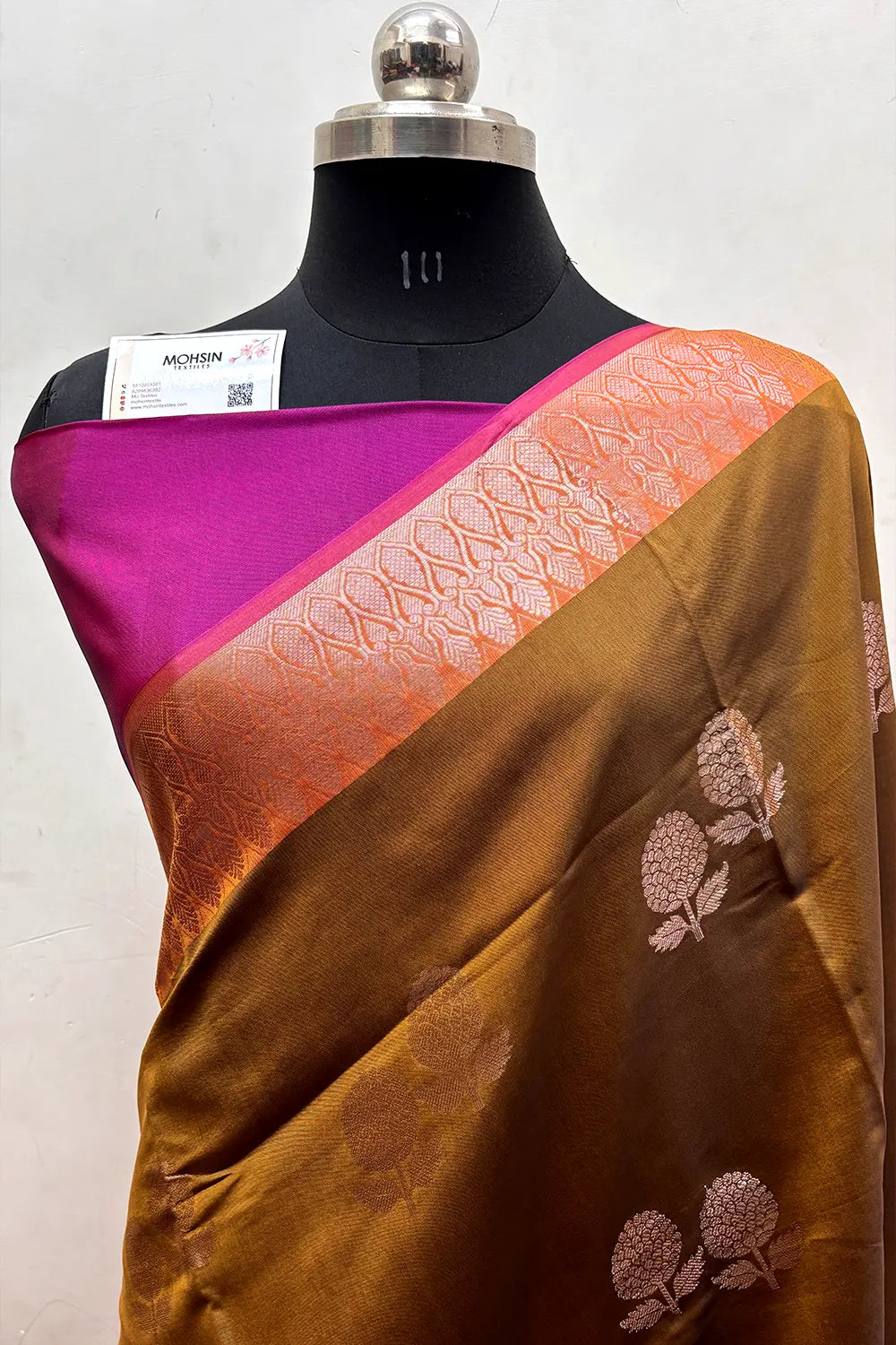Mustard and Pink Zari Semi Katan Silk Banarasi Saree