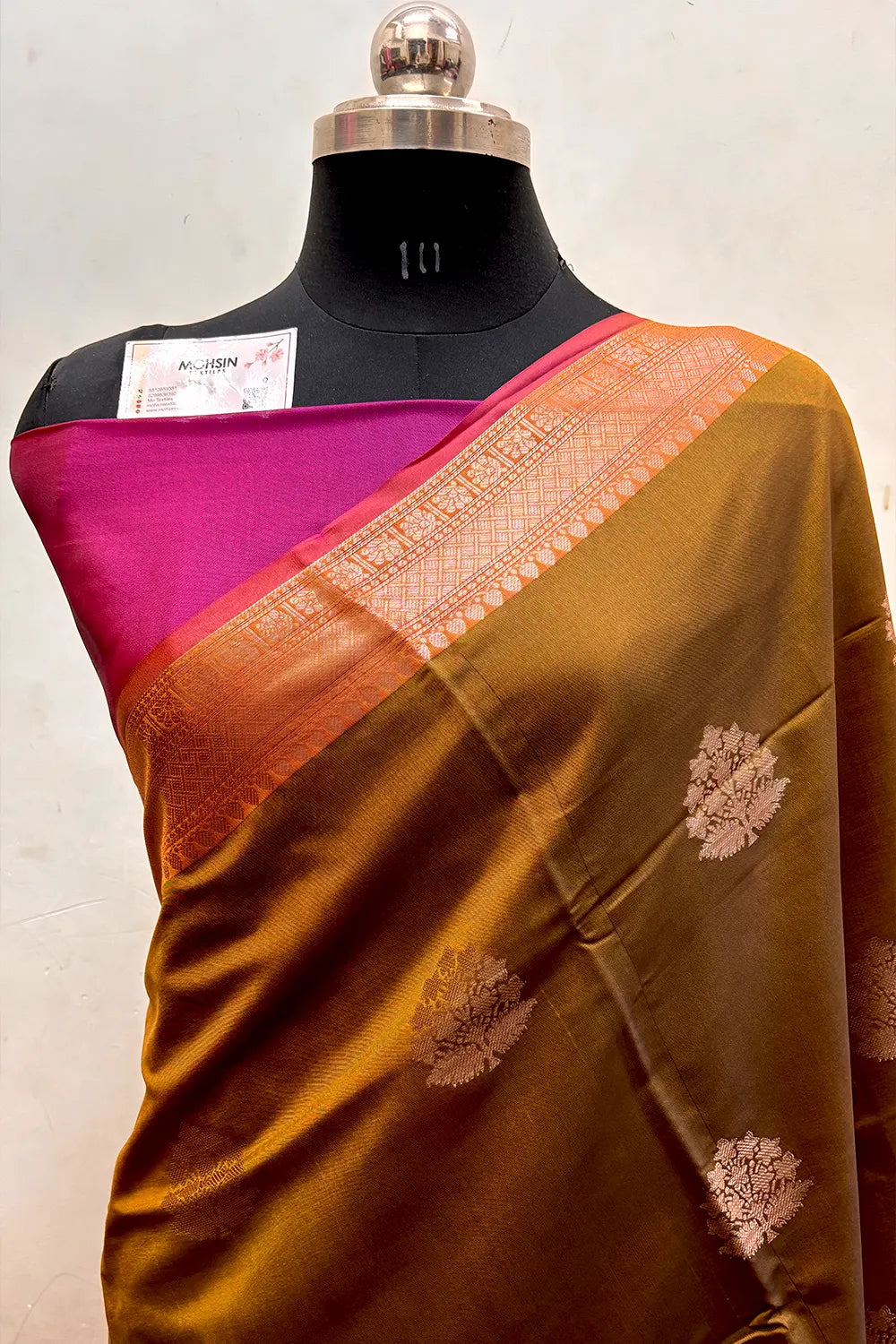 Mustard and Pink Zari Semi Katan Silk Banarasi Saree