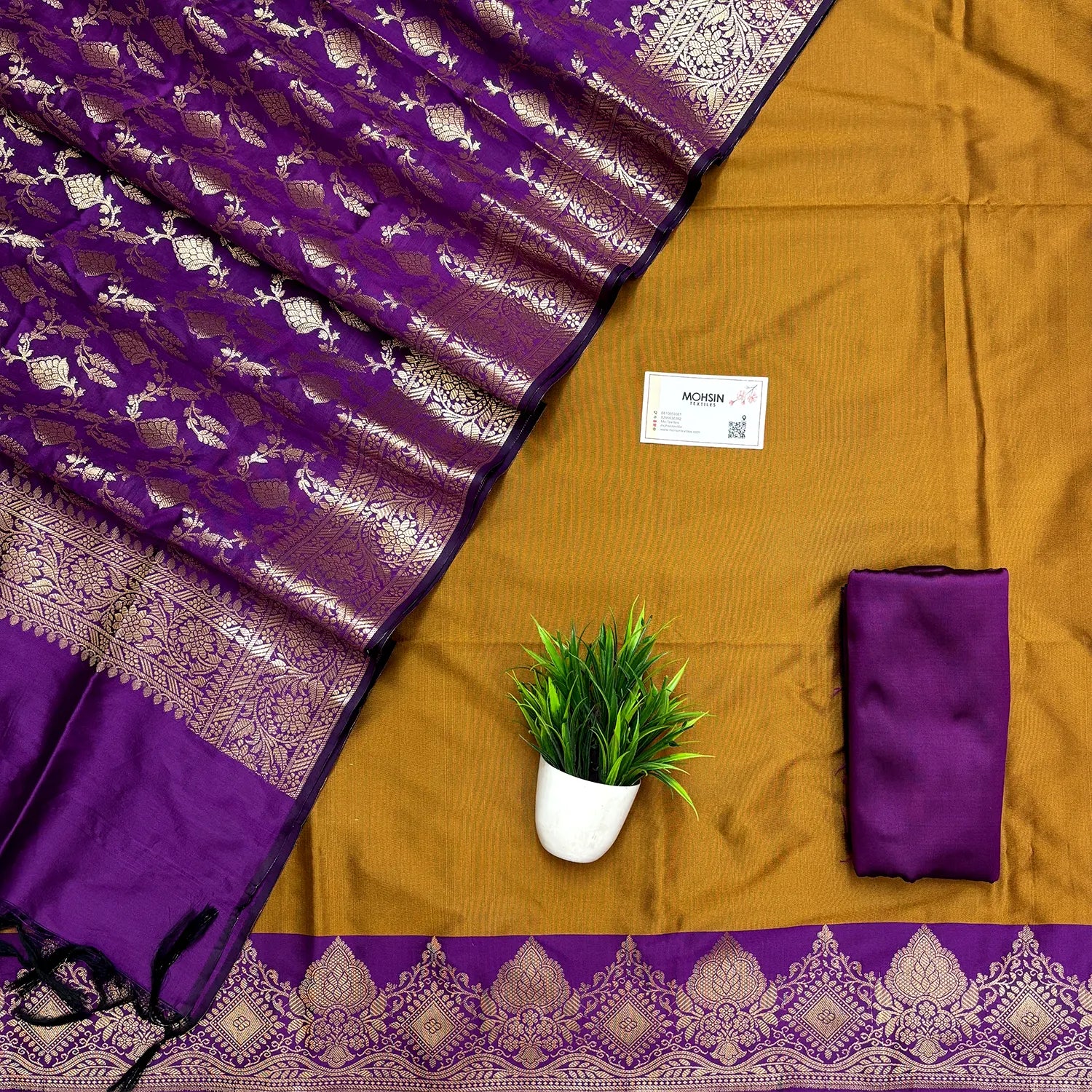 Mustard and Purple Plain Semi Katan Silk Banarasi Silk Suit