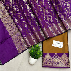 Mustard and Purple Plain Semi Katan Silk Banarasi Silk Suit