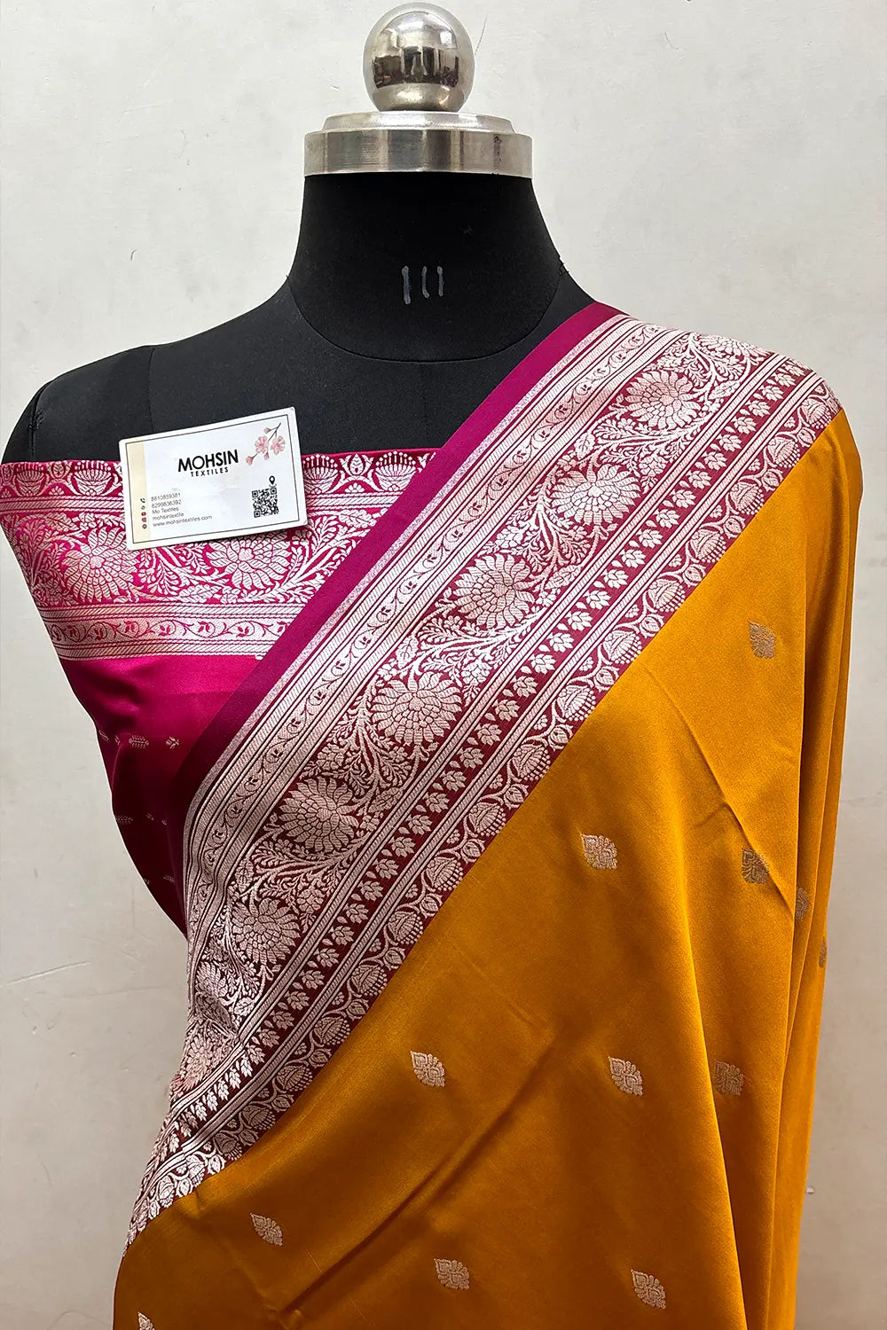 Mustard and Rani Zari Katan Mashru Silk Banarasi Saree