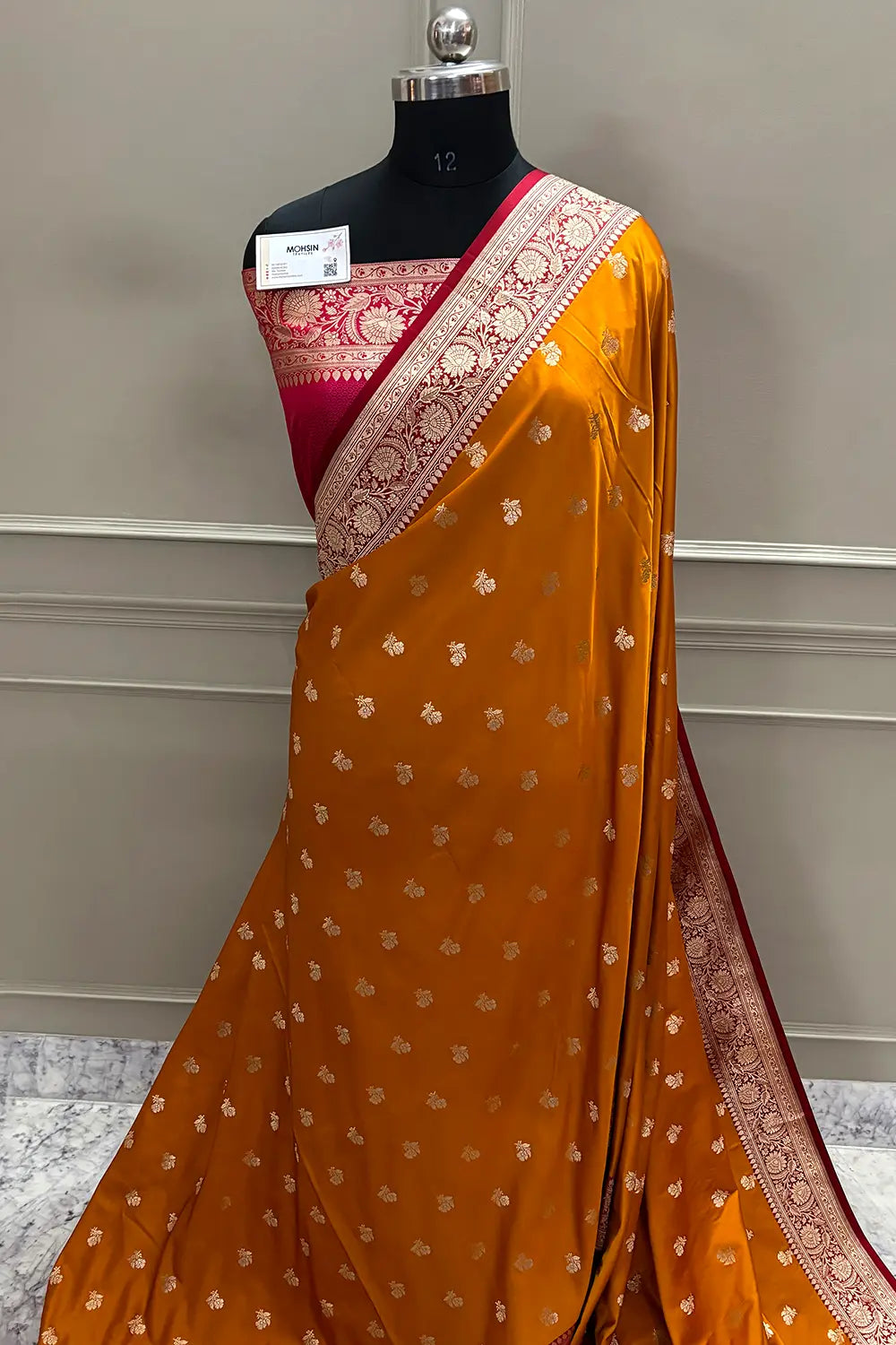 Mustard and Red Chaman Buti Katan Mashru Silk Banarasi Saree