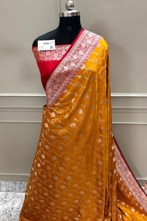 Mustard and Red Ropeway Jaal Katan Silk Banarasi Saree