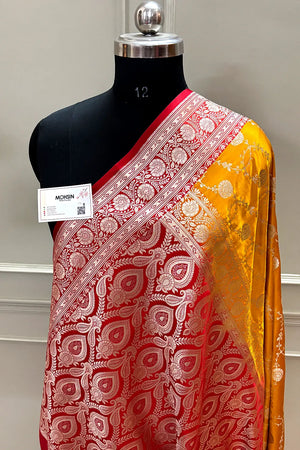 Mustard and Red Ropeway Jaal Katan Silk Banarasi Saree