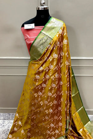 Mustard and Red Zari Banarasi Silk Saree