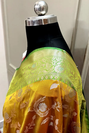 Mustard and Red Zari Banarasi Silk Saree