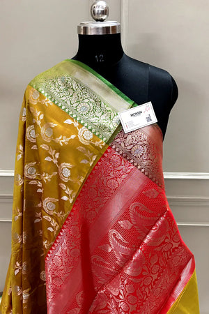 Mustard and Red Zari Banarasi Silk Saree