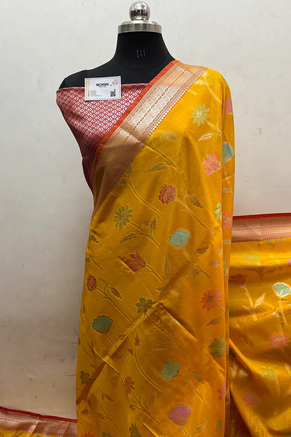 Mustard and Red Zari Katan Silk Banarasi Saree