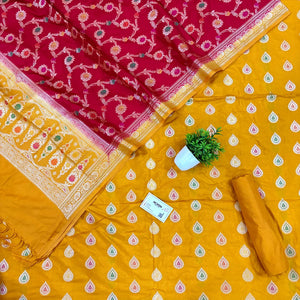 Mustard and Red Zari Katan Silk Banarasi Suit