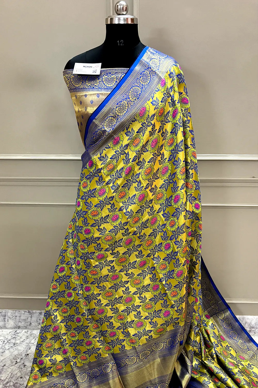 Mustard and Royal Blue Zari Banarasi Silk Saree