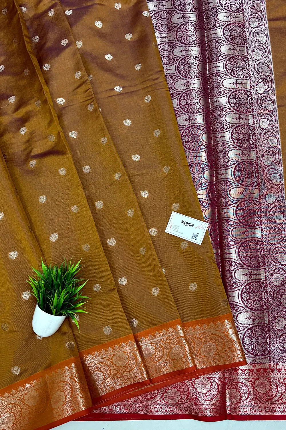 Mustard and Wine Zari Semi Katan Silk Banarasi Saree