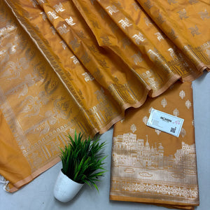 Mustard Assi Ghat Mandir Semi Katan Silk Banarasi Suit