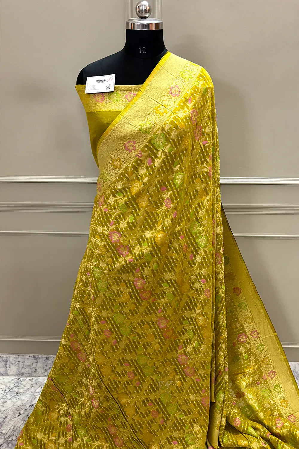 Mustard Bandhej Meena Georgette Silk Banarasi Saree