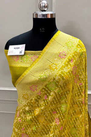 Mustard Bandhej Meena Georgette Silk Banarasi Saree
