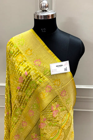 Mustard Bandhej Meena Georgette Silk Banarasi Saree