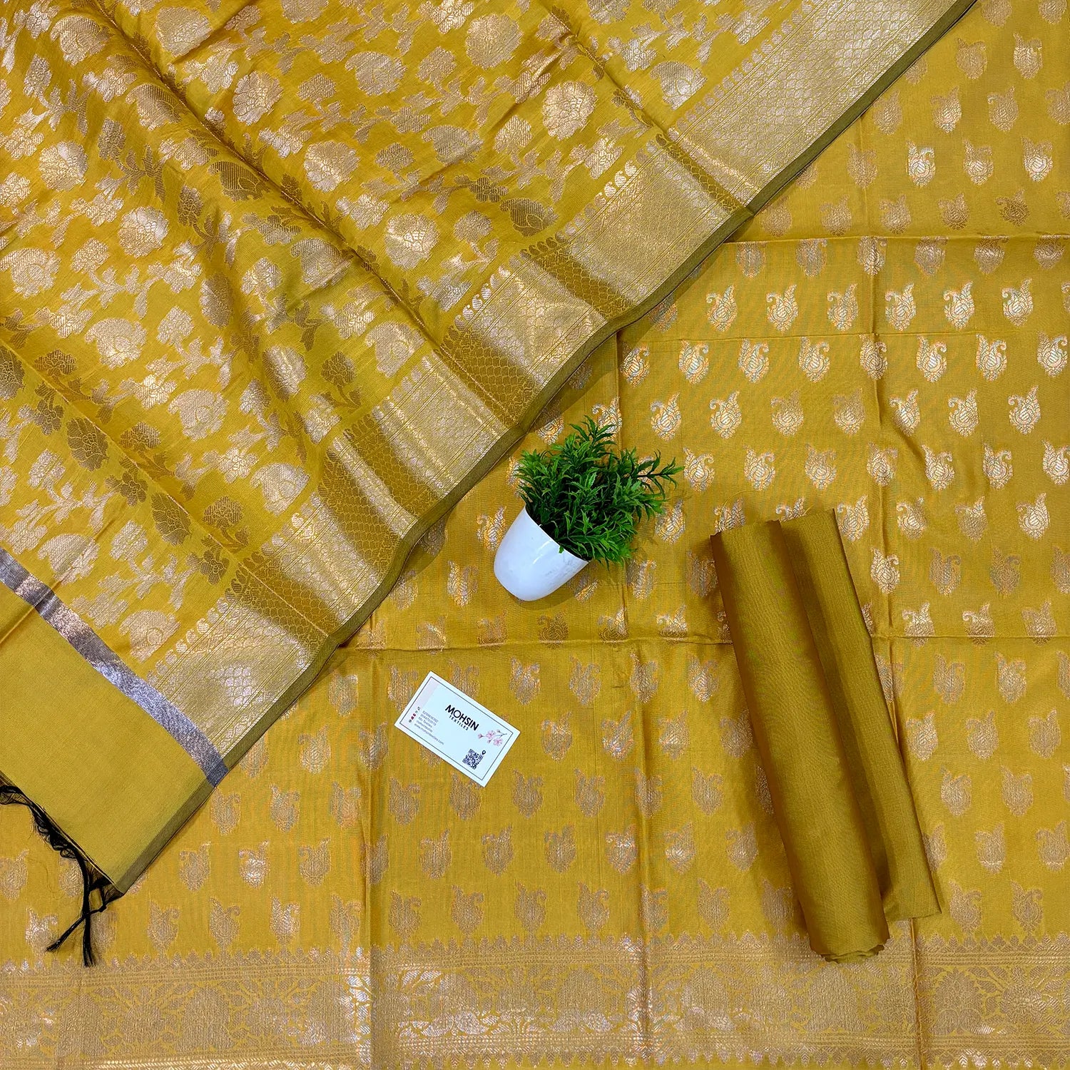 Mustard Chirag Buti Satin Silk Banarasi Suit