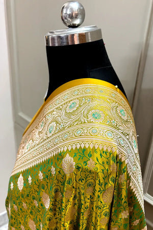 Mustard Green Chunni Munni Katan Silk Banarasi Saree