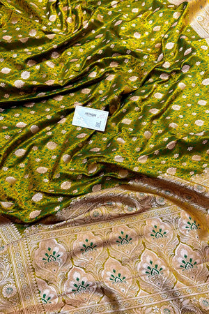 Mustard Green Chunni Munni Katan Silk Banarasi Saree