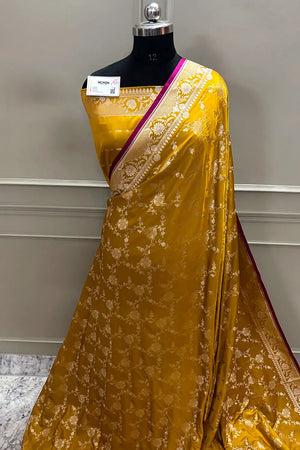 Mustard Jhanjaal Katan Mashru Silk Banarasi Saree