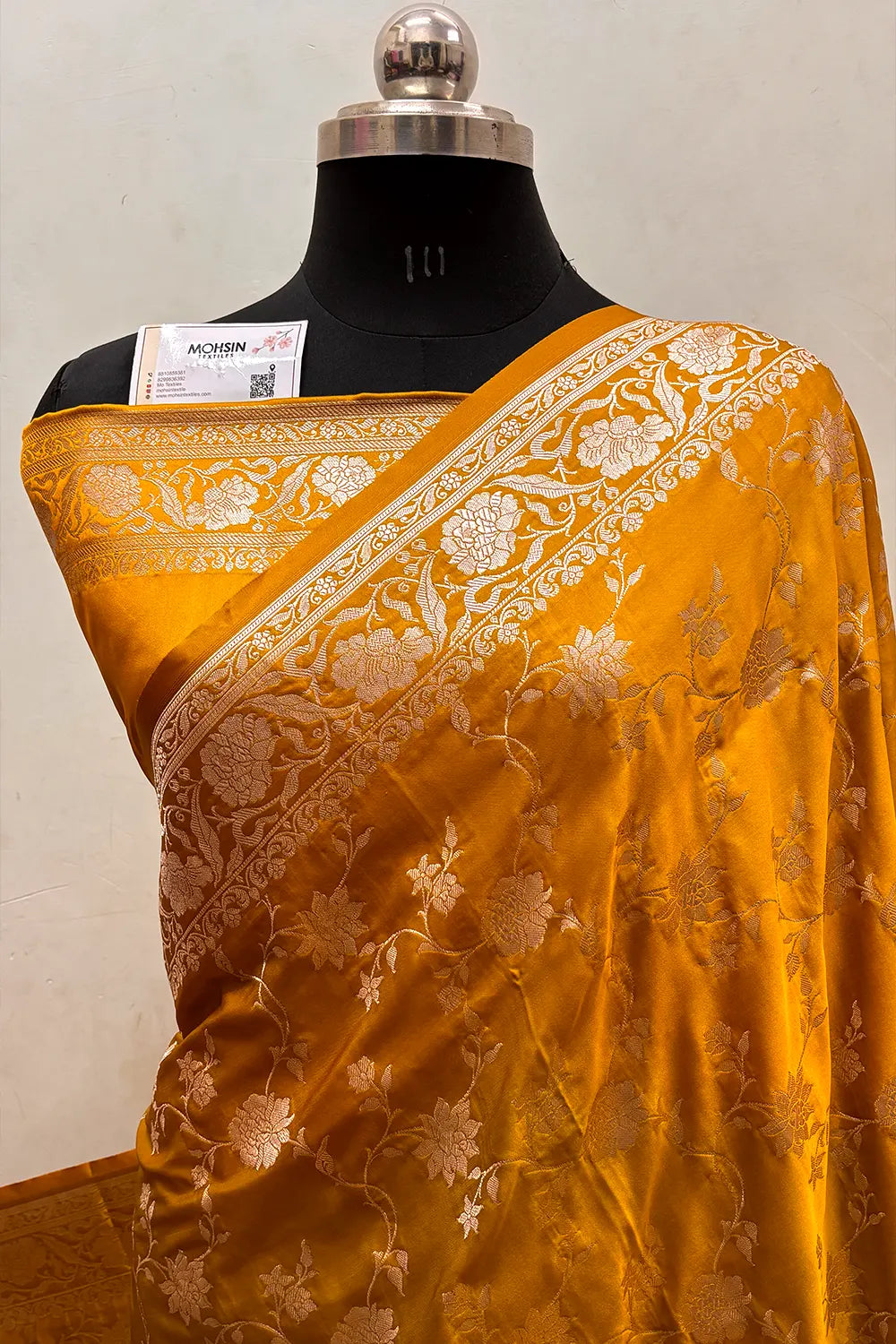 Mustard Kesari Jaal Katan Silk Banarasi Saree