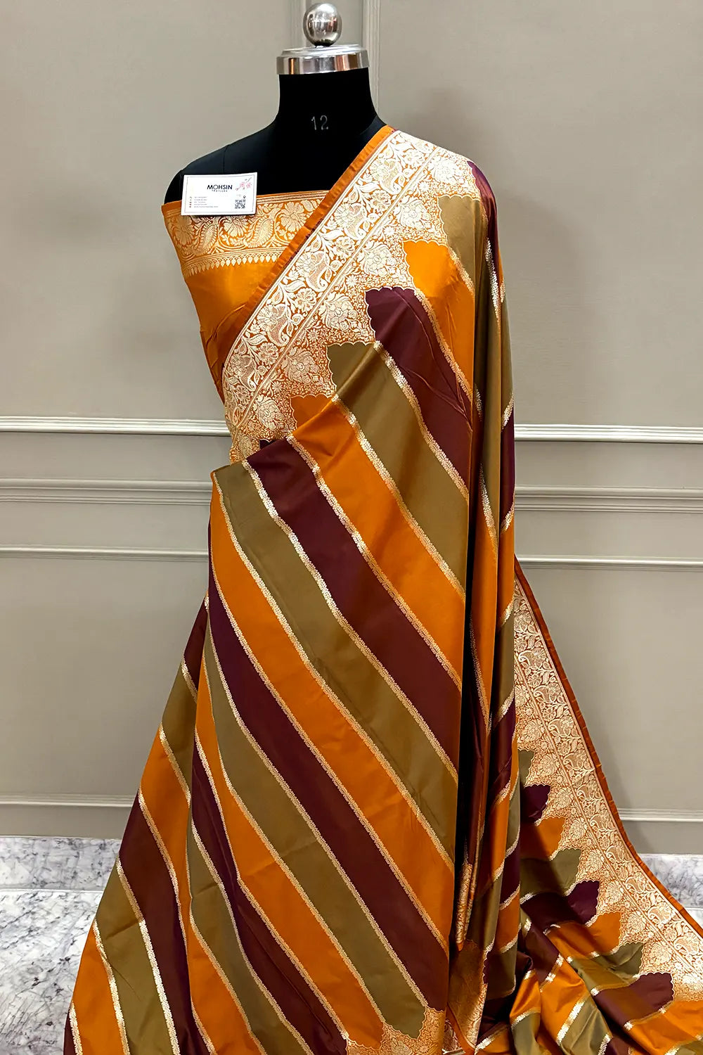 Mustard Orange Rangkaat Katan Silk Banarasi Sare