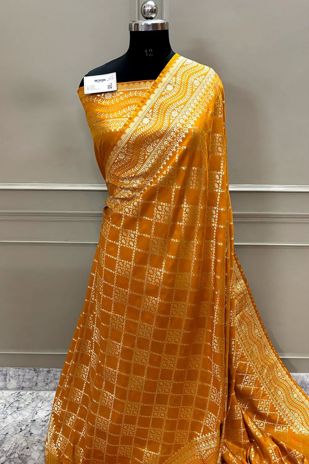 Mustard Pi Jaal Katan Silk Banarasi Saree