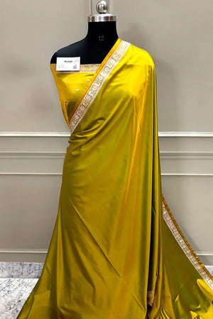 Mustard Plain Katan Mashru Silk Banarasi Saree