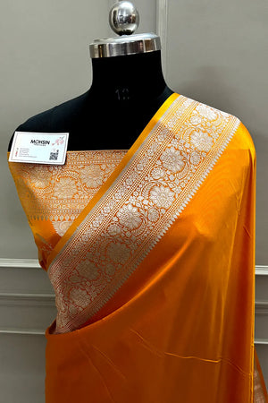 Mustard Plain Zari Katan Mashru Silk Banarasi Saree