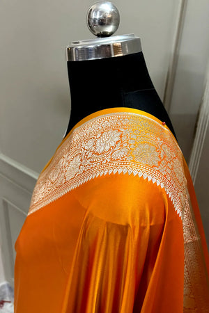 Mustard Plain Zari Katan Mashru Silk Banarasi Saree