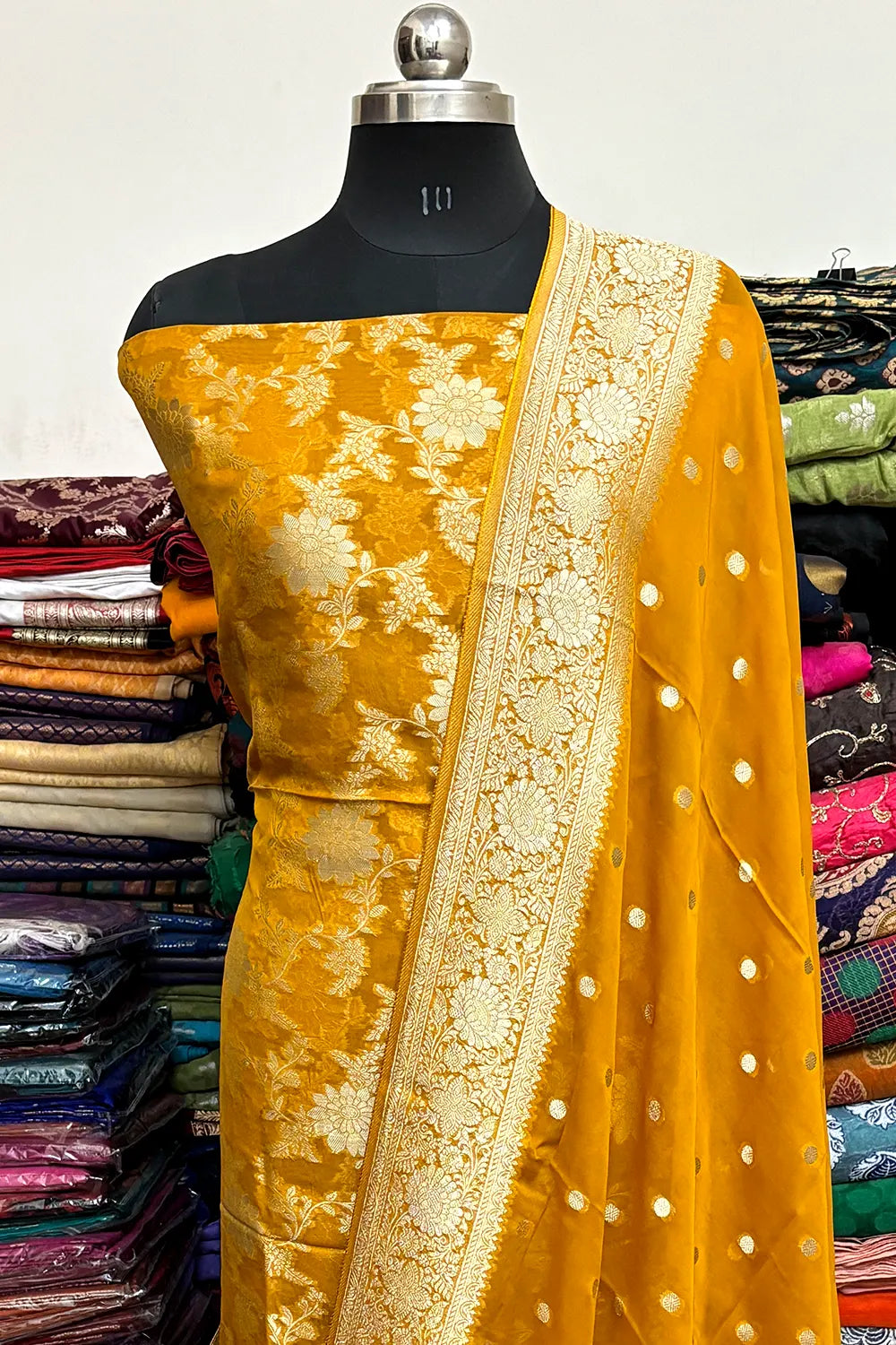 Mustard Pure Viscose Georgette Banarasi Suit
