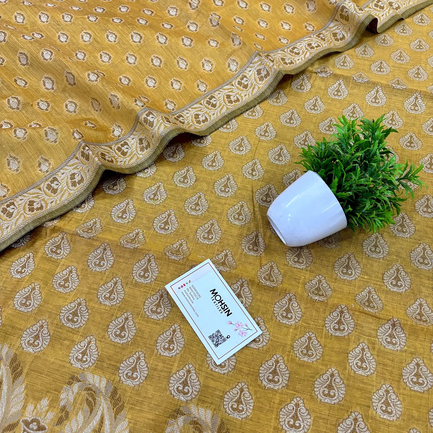 Mustard Surahi Buti Cotton Silk Banarasi Suit