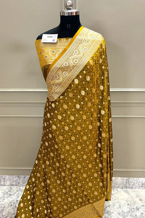 Mustard Yellow Chunni Munni Buti Katan Silk Banarasi Saree